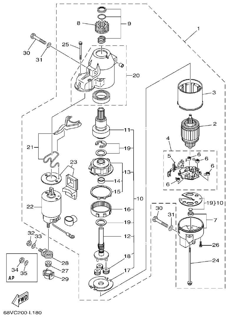 Yamaha F115A, FL115A, FL115AET STARTING MOTOR parts diagram